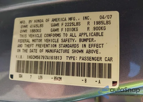2007 Honda Accord Ex from USA, damaged, VIN 1HGCM56797A161813